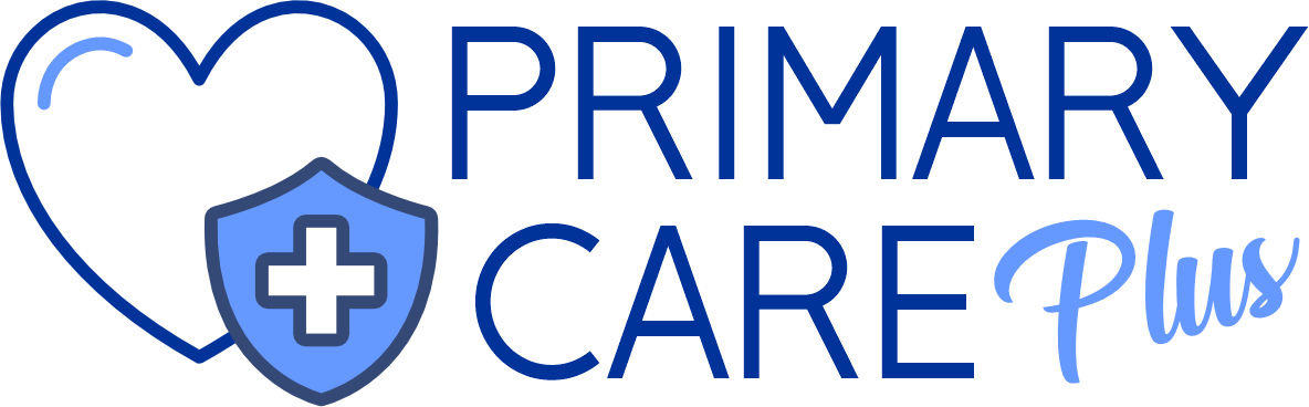 A logo for primary care plus with a heart and shield