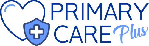 A logo for primary care plus with a heart and shield